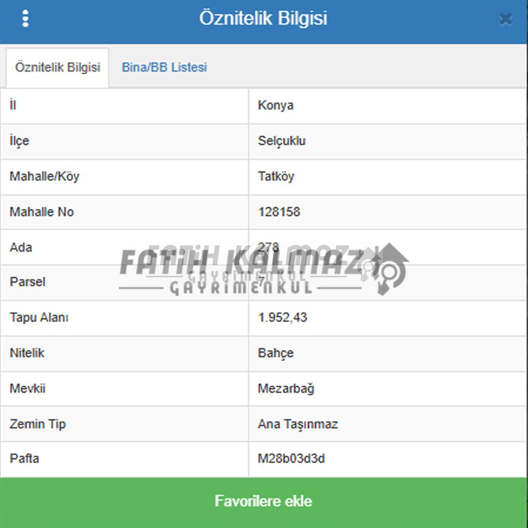 Selçuklu Tatköy'de Satılık Arsa - Müstakil - 1.952 M2