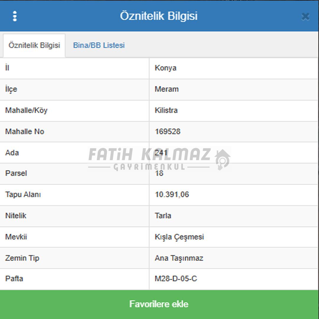 Meram Kilistra'da Satılık Tarla - Müstakil Tapu - 10.391 M2